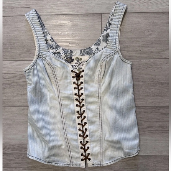 GUESS Sexy Corset Tank Top Sz L Railroad Stripe Denim Side Zip Concert Party - Picture 2 of 9